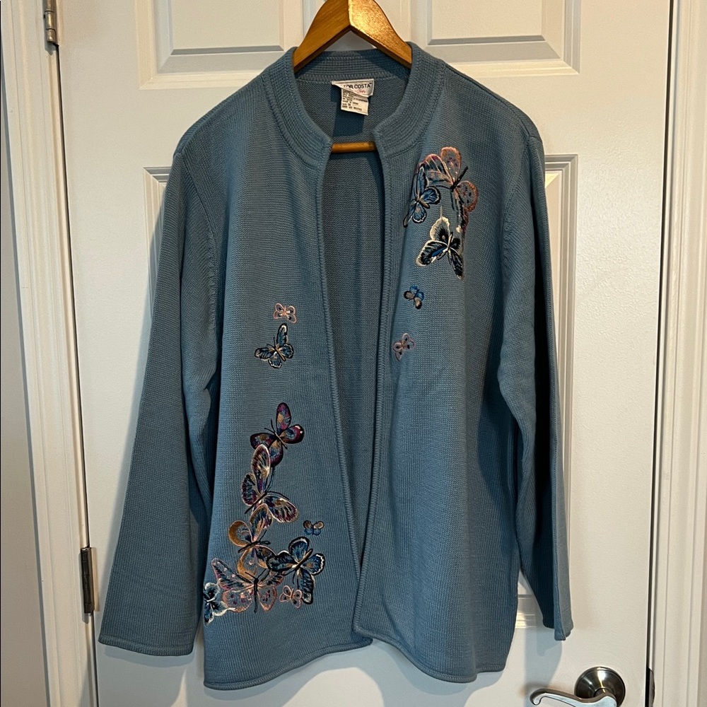 Victor Costa Blue Butterfly Embroidered Cardigan- Size 1X